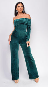 Yava Green Off Shoulder Velvet Jumpsuit